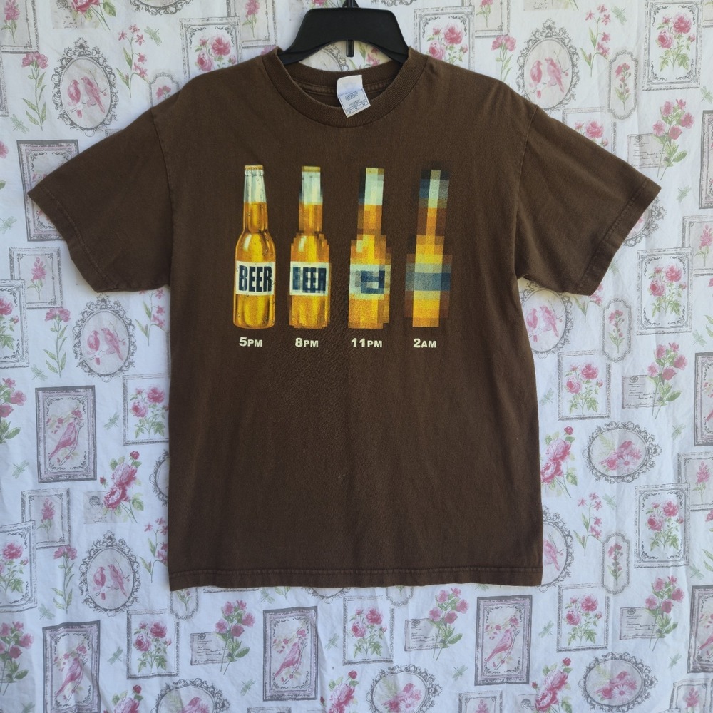 Alstyle Beer Bottle Timeline T-Shirt Brown Graphic Tee Men's Medium Fun Drinking